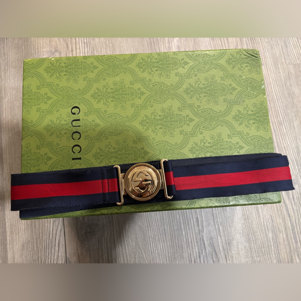 Gucci Navy & Red Web Stripe Women’s Adjustable Belt Bag Strap with Gold Hardware